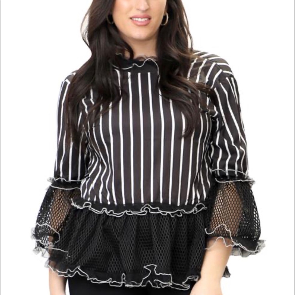 N by Nancy Stripe Blouse w/ Net Accents